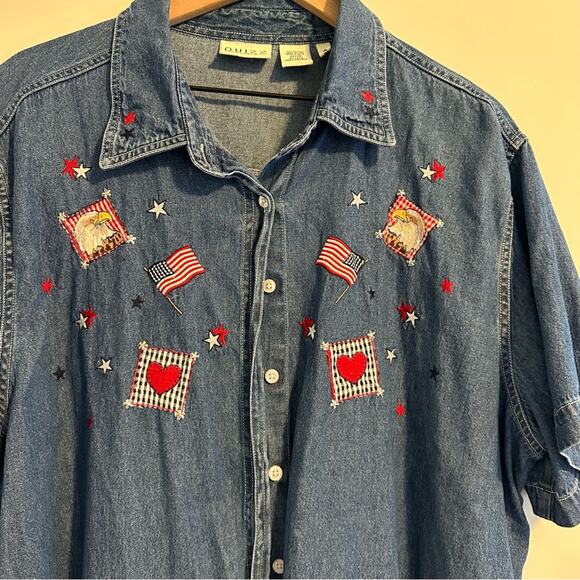 Vintage Quizz Blue July 4th Eagle Patriotic American Flag Denim Top 22/24 - Picture 5 of 10